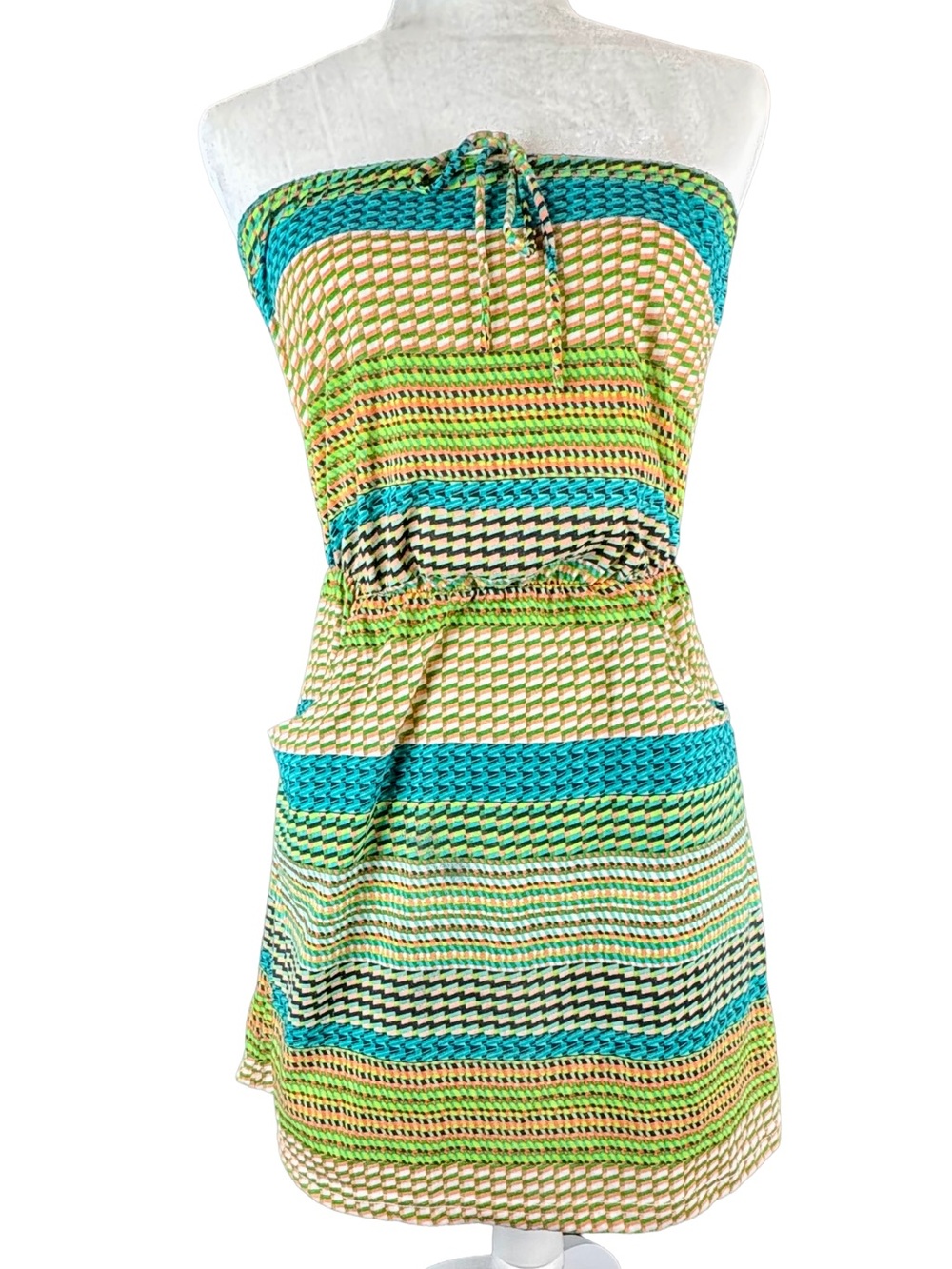 raya sun Strapless Green, Teal & Cream Striped Swim Coverup